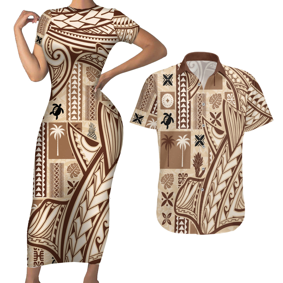 Samoa Tapa Couples Matching Short Sleeve Bodycon Dress and Hawaiian Shirt Siapo Mix Tatau Patterns LT7 - Wonder Print Shop