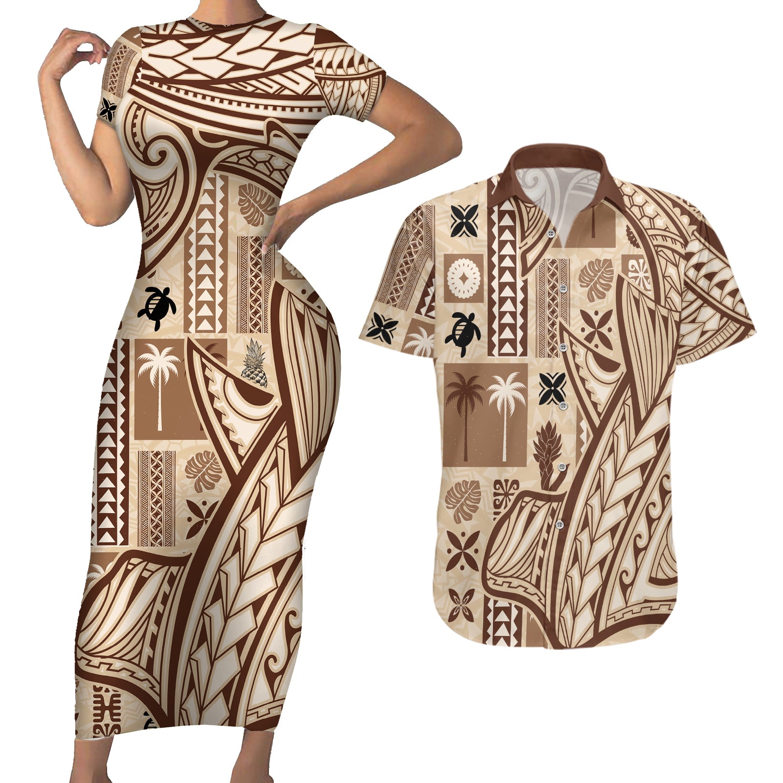 Samoa Tapa Couples Matching Short Sleeve Bodycon Dress and Hawaiian Shirt Siapo Mix Tatau Patterns LT7 - Wonder Print Shop
