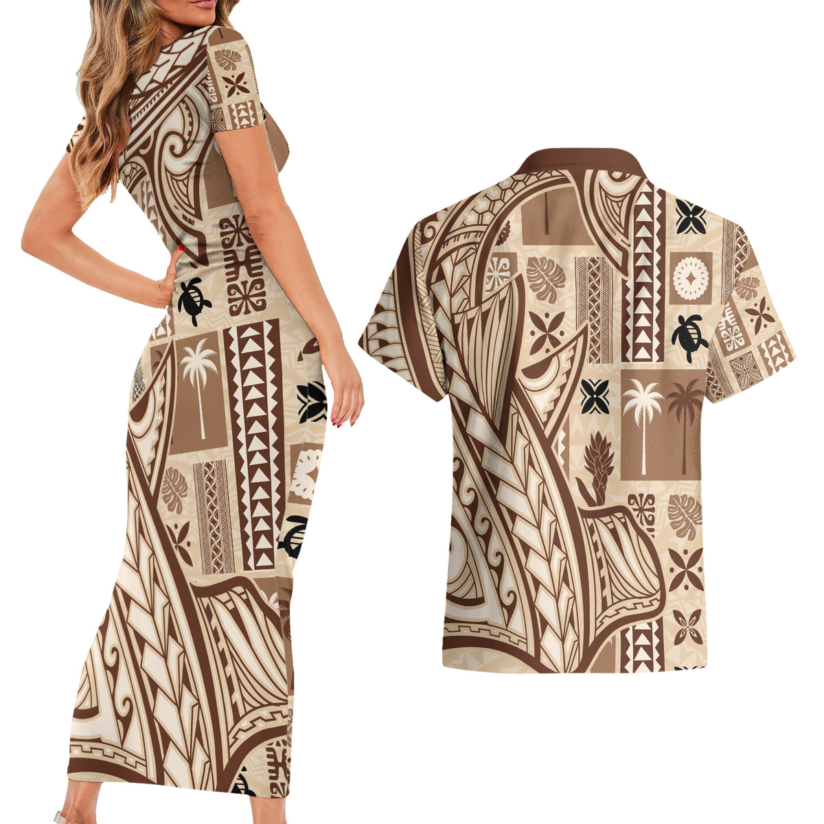 Samoa Tapa Couples Matching Short Sleeve Bodycon Dress and Hawaiian Shirt Siapo Mix Tatau Patterns LT7 - Wonder Print Shop