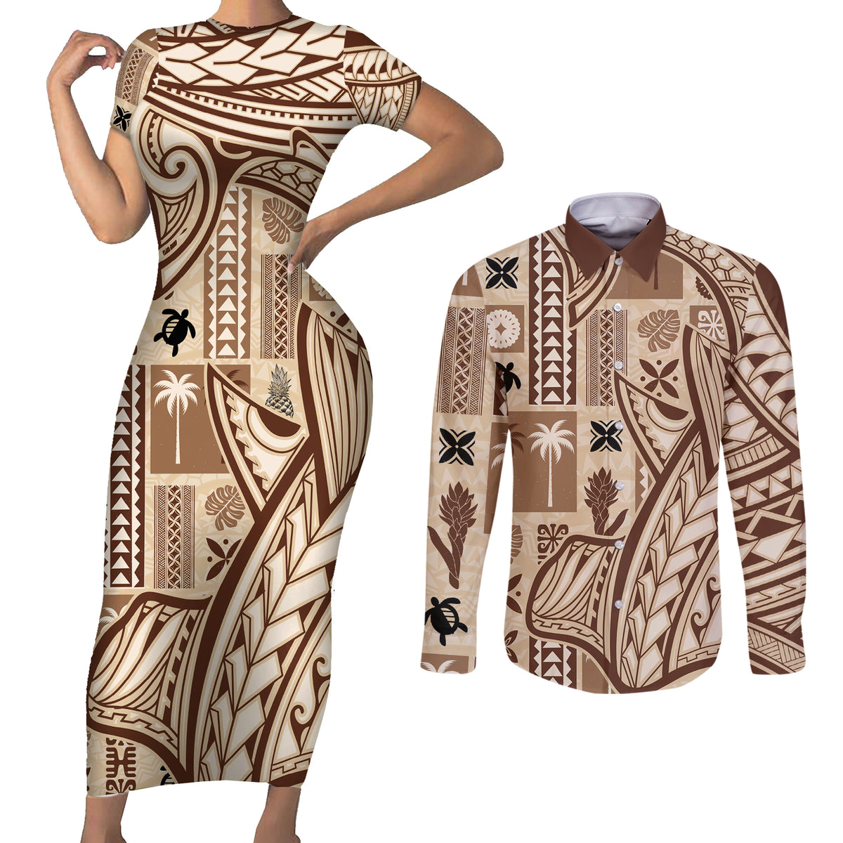 Samoa Tapa Couples Matching Short Sleeve Bodycon Dress and Long Sleeve Button Shirt Siapo Mix Tatau Patterns LT7 - Wonder Print Shop