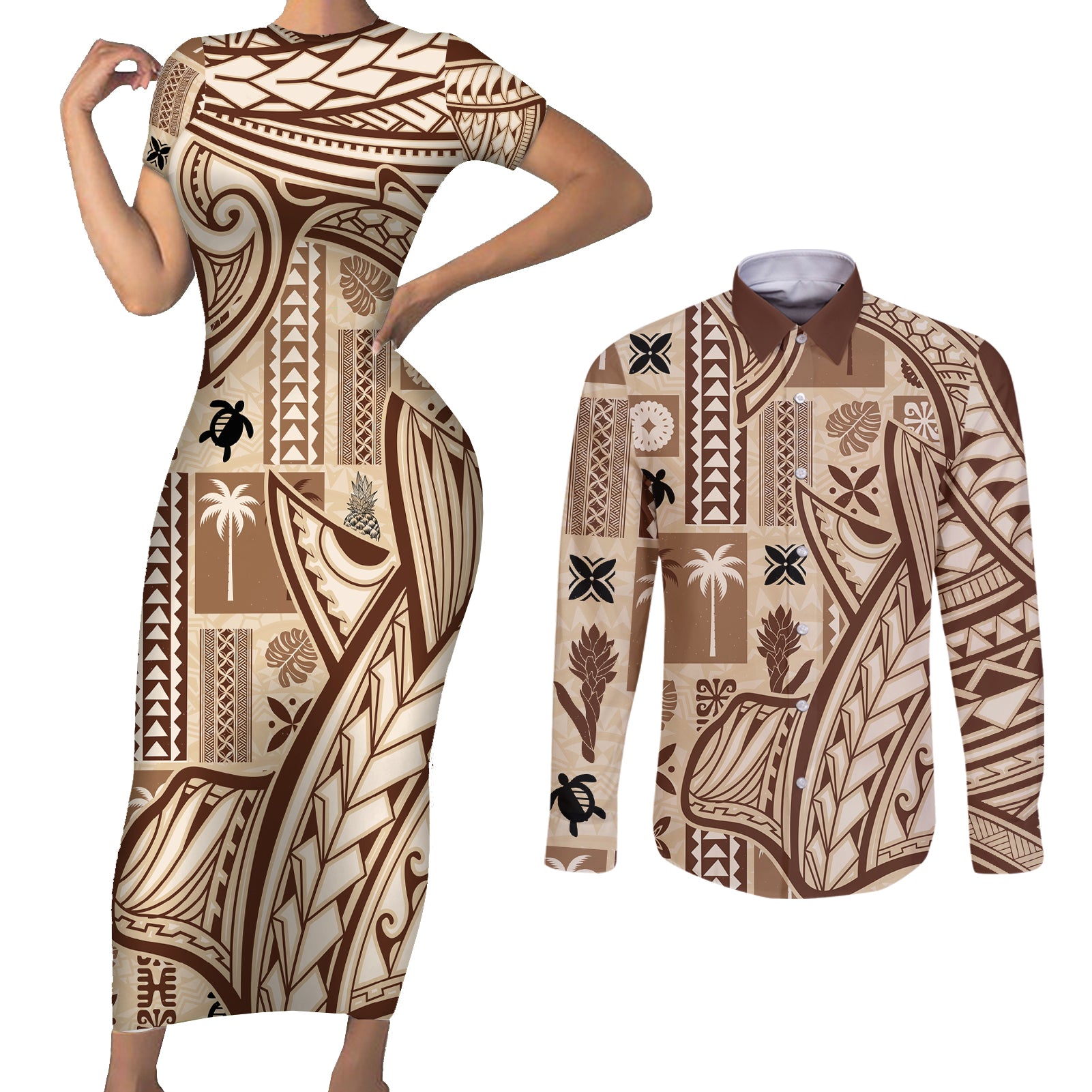Samoa Tapa Couples Matching Short Sleeve Bodycon Dress and Long Sleeve Button Shirt Siapo Mix Tatau Patterns LT7 - Wonder Print Shop