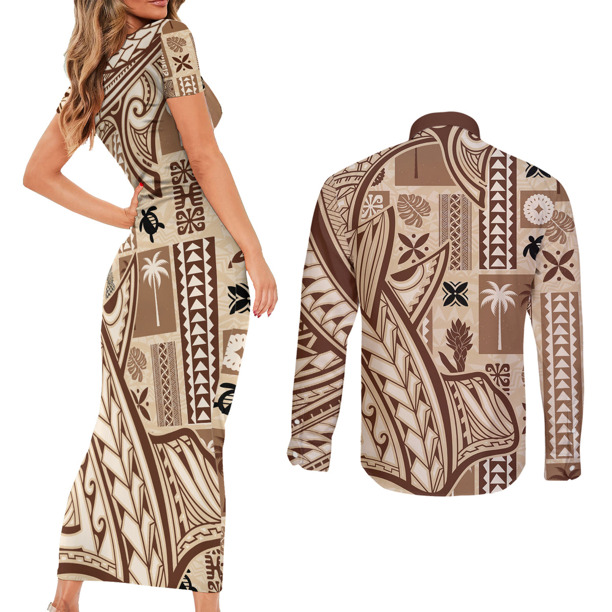 Samoa Tapa Couples Matching Short Sleeve Bodycon Dress and Long Sleeve Button Shirt Siapo Mix Tatau Patterns LT7 - Wonder Print Shop