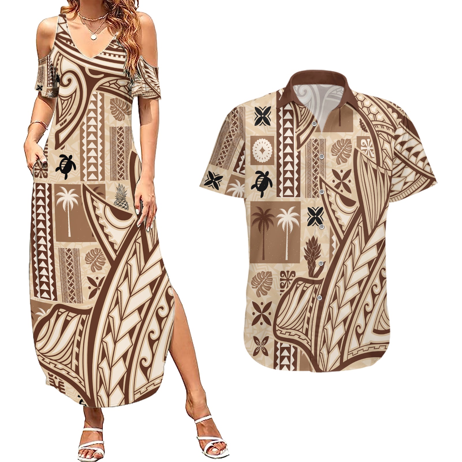Samoa Tapa Couples Matching Summer Maxi Dress and Hawaiian Shirt Siapo Mix Tatau Patterns LT7 - Wonder Print Shop