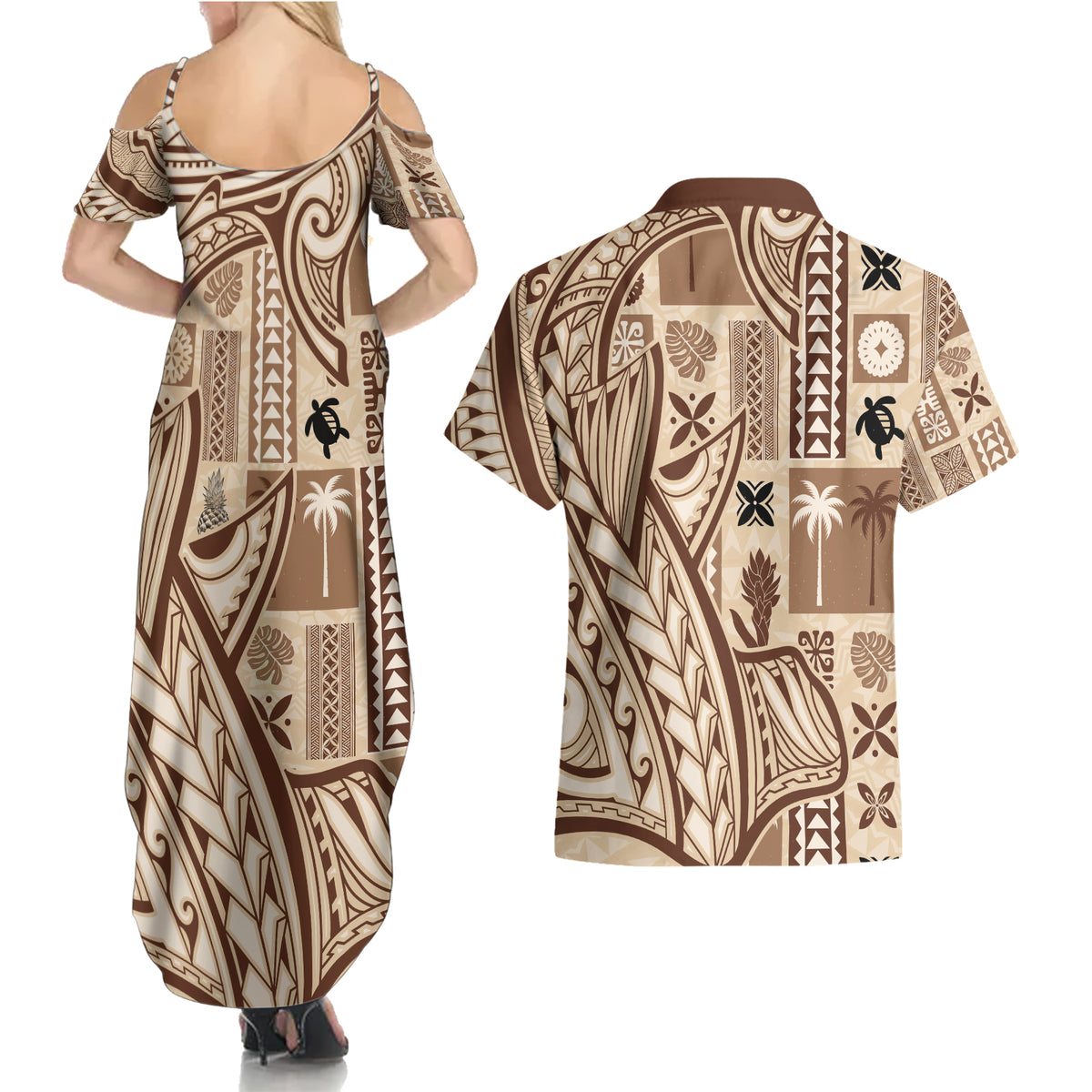 Samoa Tapa Couples Matching Summer Maxi Dress and Hawaiian Shirt Siapo Mix Tatau Patterns LT7 - Wonder Print Shop