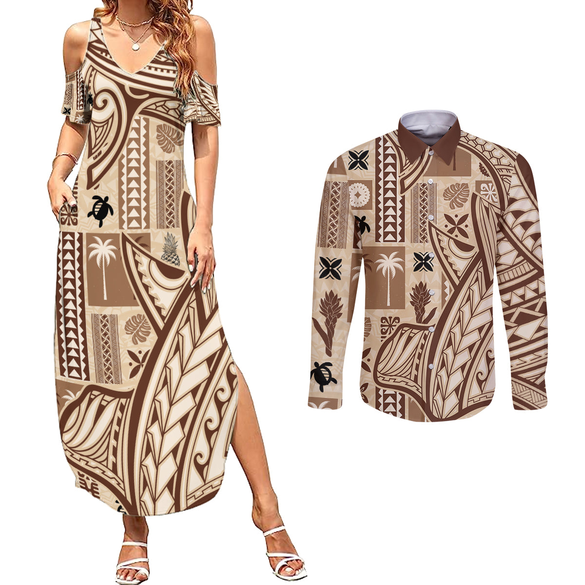 Samoa Tapa Couples Matching Summer Maxi Dress and Long Sleeve Button Shirt Siapo Mix Tatau Patterns LT7 - Wonder Print Shop