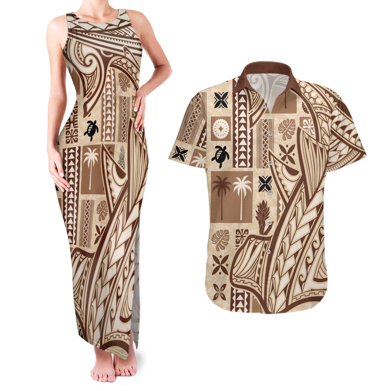 Samoa Tapa Couples Matching Tank Maxi Dress and Hawaiian Shirt Siapo Mix Tatau Patterns LT7 - Wonder Print Shop
