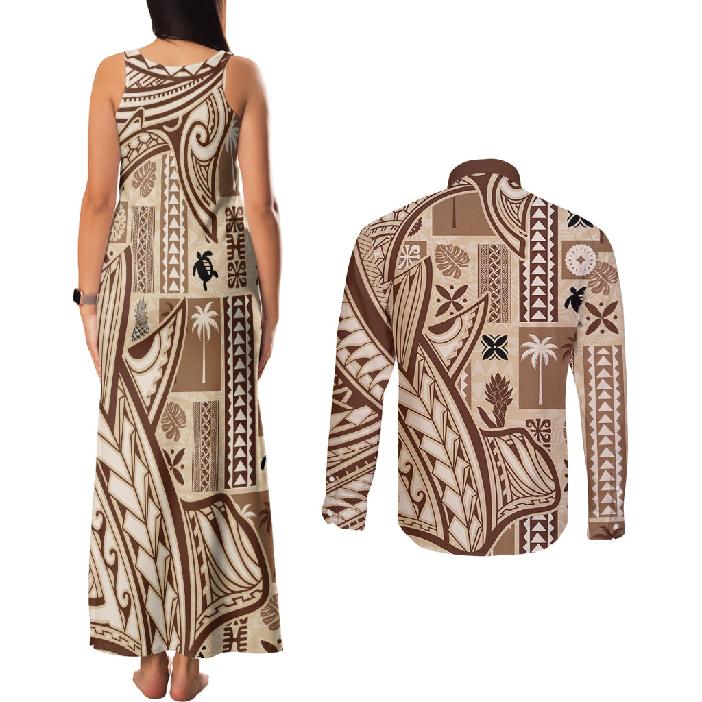 Samoa Tapa Couples Matching Tank Maxi Dress and Long Sleeve Button Shirt Siapo Mix Tatau Patterns LT7 - Wonder Print Shop