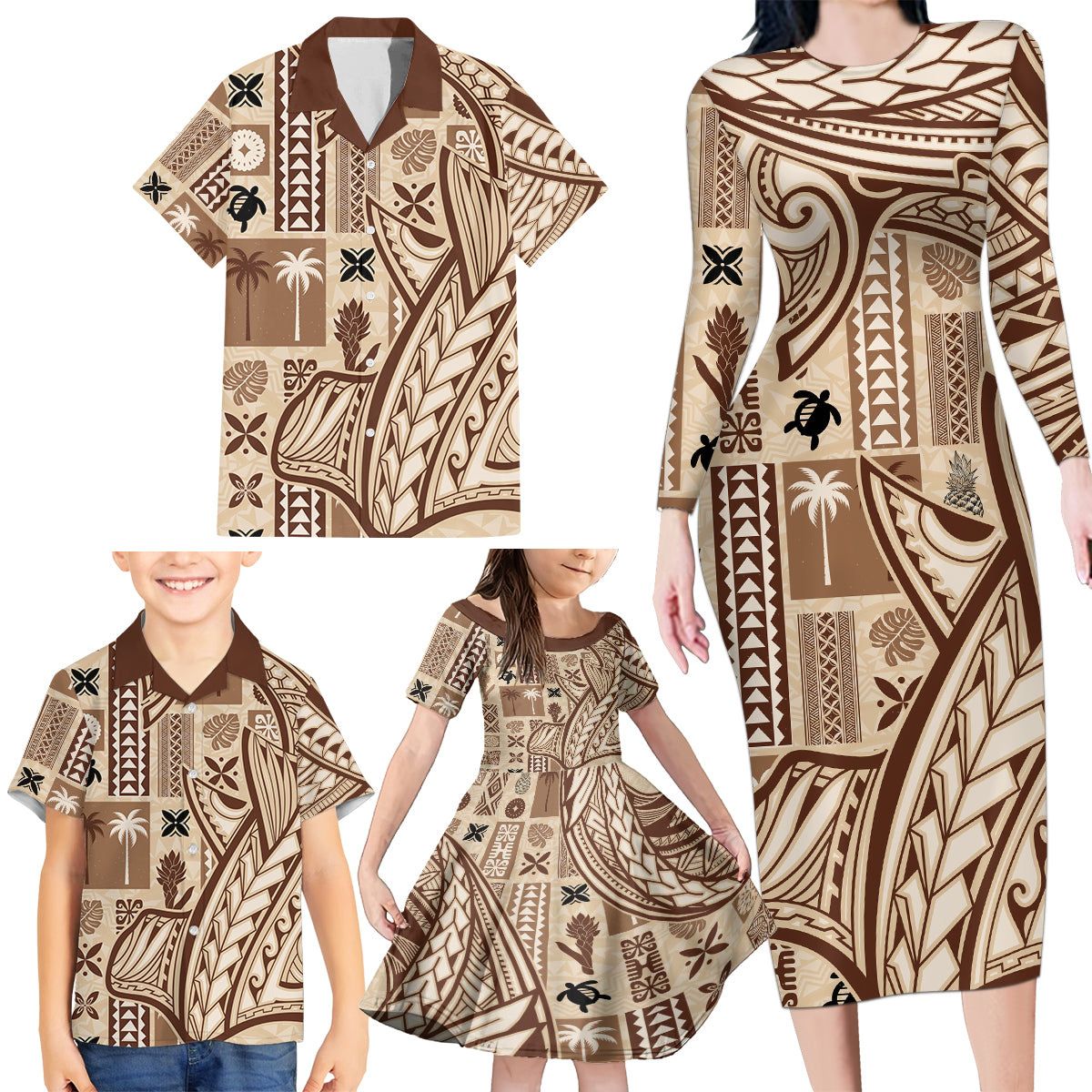 Samoa Tapa Family Matching Long Sleeve Bodycon Dress and Hawaiian Shirt Siapo Mix Tatau Patterns LT7 - Wonder Print Shop
