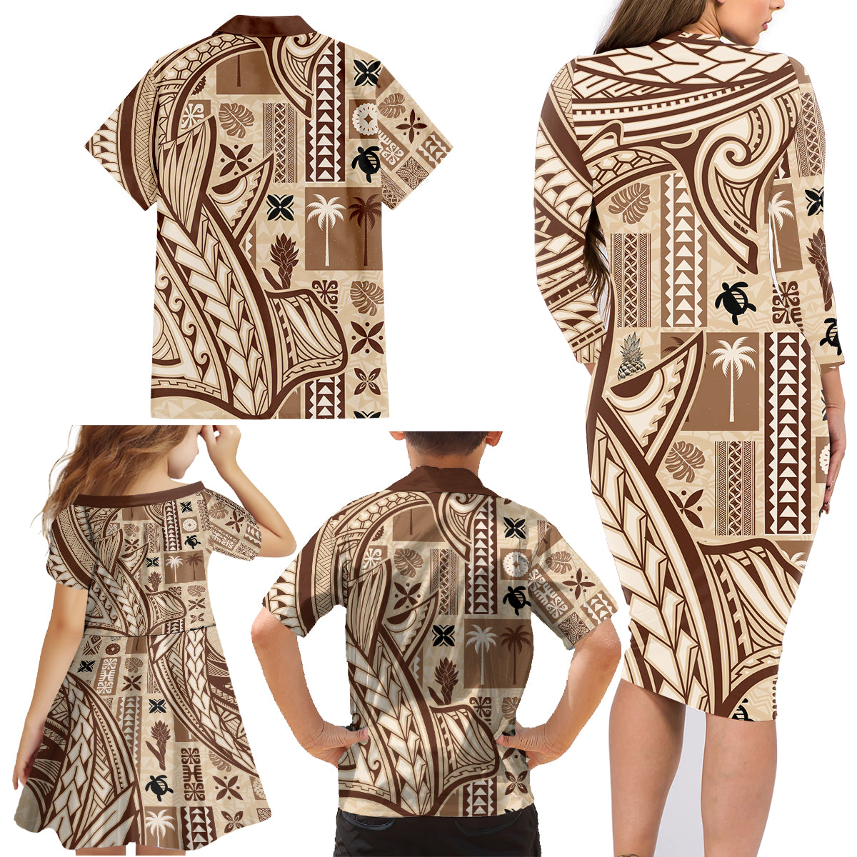Samoa Tapa Family Matching Long Sleeve Bodycon Dress and Hawaiian Shirt Siapo Mix Tatau Patterns LT7 - Wonder Print Shop