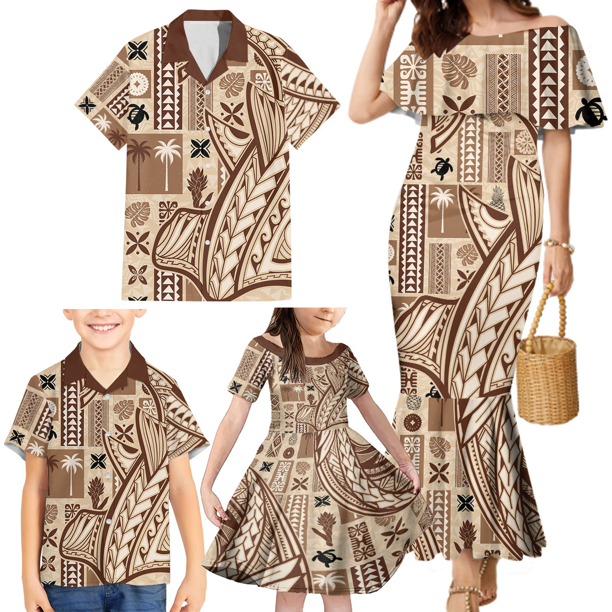 Samoa Tapa Family Matching Mermaid Dress and Hawaiian Shirt Siapo Mix Tatau Patterns LT7 - Wonder Print Shop
