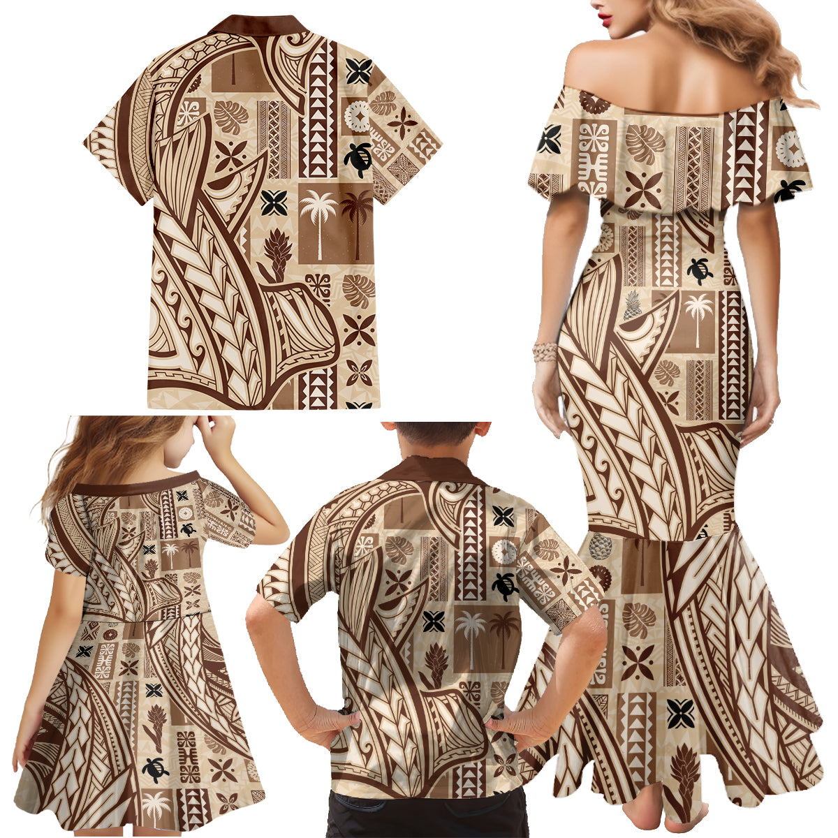 Samoa Tapa Family Matching Mermaid Dress and Hawaiian Shirt Siapo Mix Tatau Patterns LT7 - Wonder Print Shop