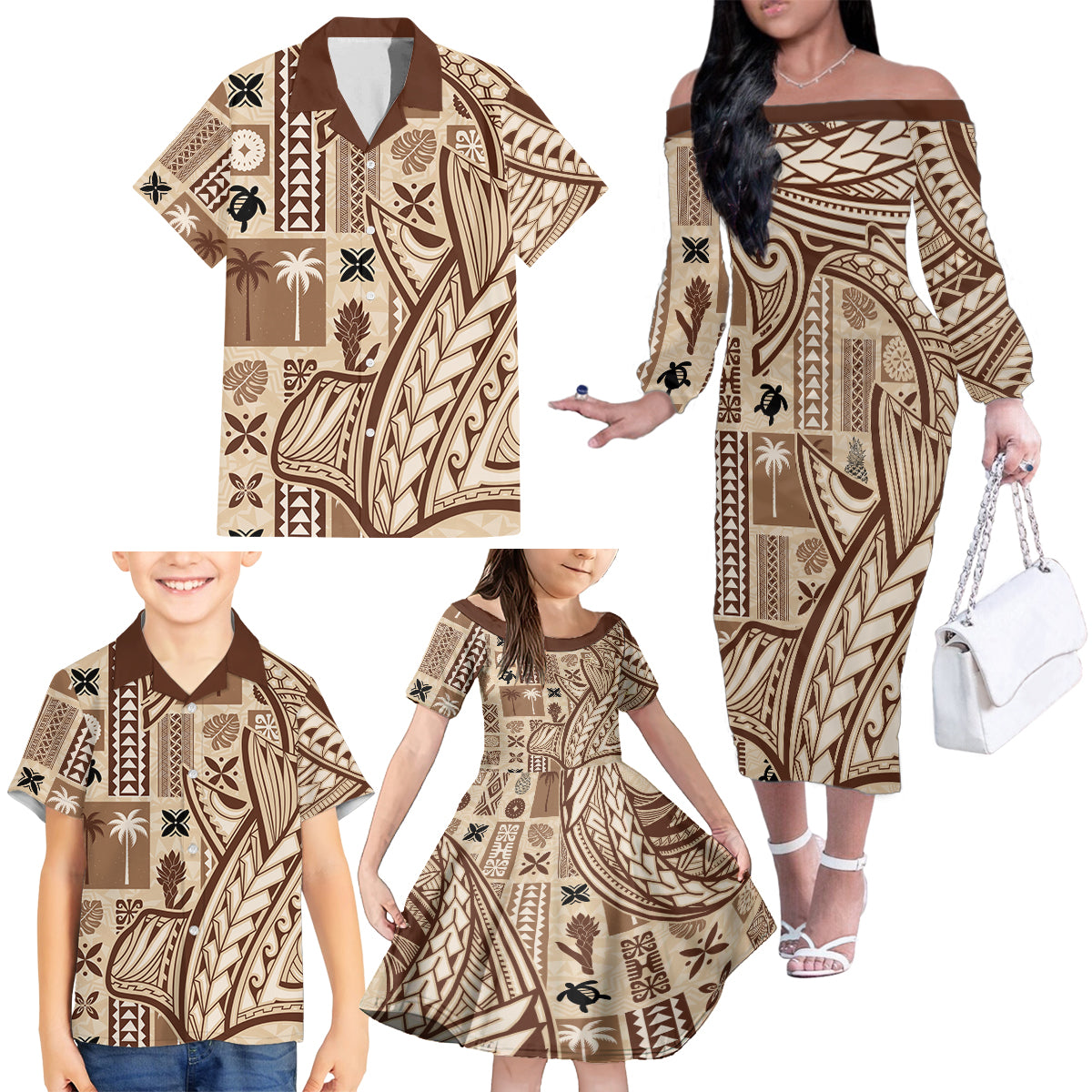 Samoa Tapa Family Matching Off Shoulder Long Sleeve Dress and Hawaiian Shirt Siapo Mix Tatau Patterns - Wonder Print Shop