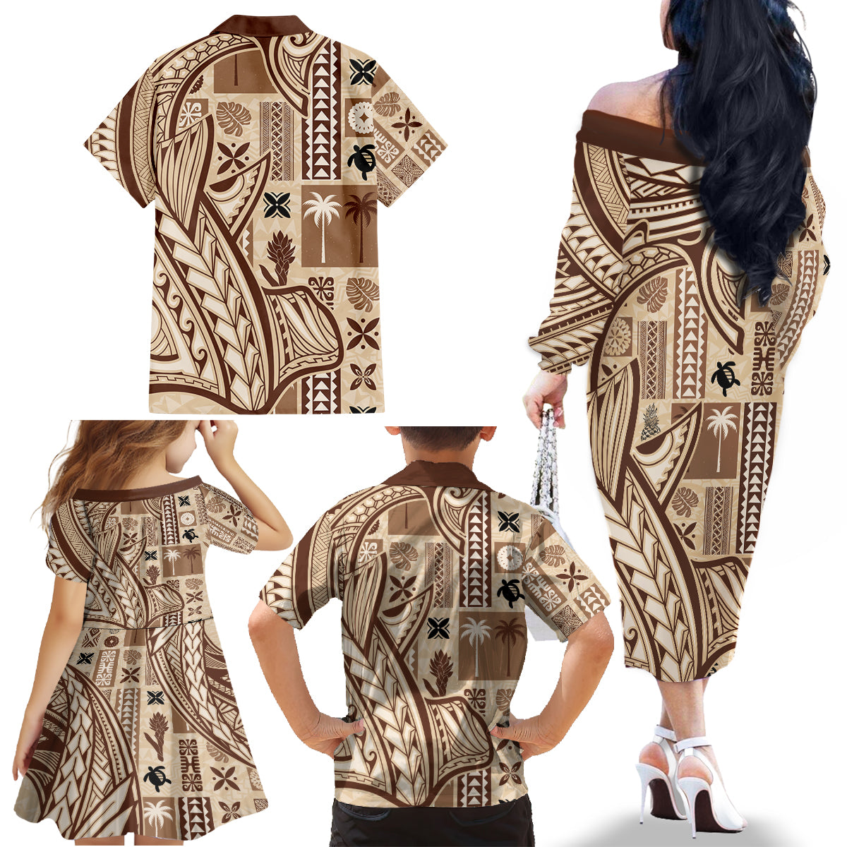 Samoa Tapa Family Matching Off Shoulder Long Sleeve Dress and Hawaiian Shirt Siapo Mix Tatau Patterns - Wonder Print Shop