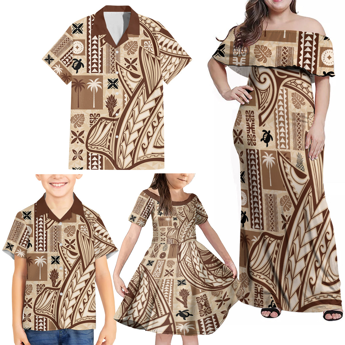 Samoa Tapa Family Matching Off Shoulder Maxi Dress and Hawaiian Shirt Siapo Mix Tatau Patterns LT7 - Wonder Print Shop