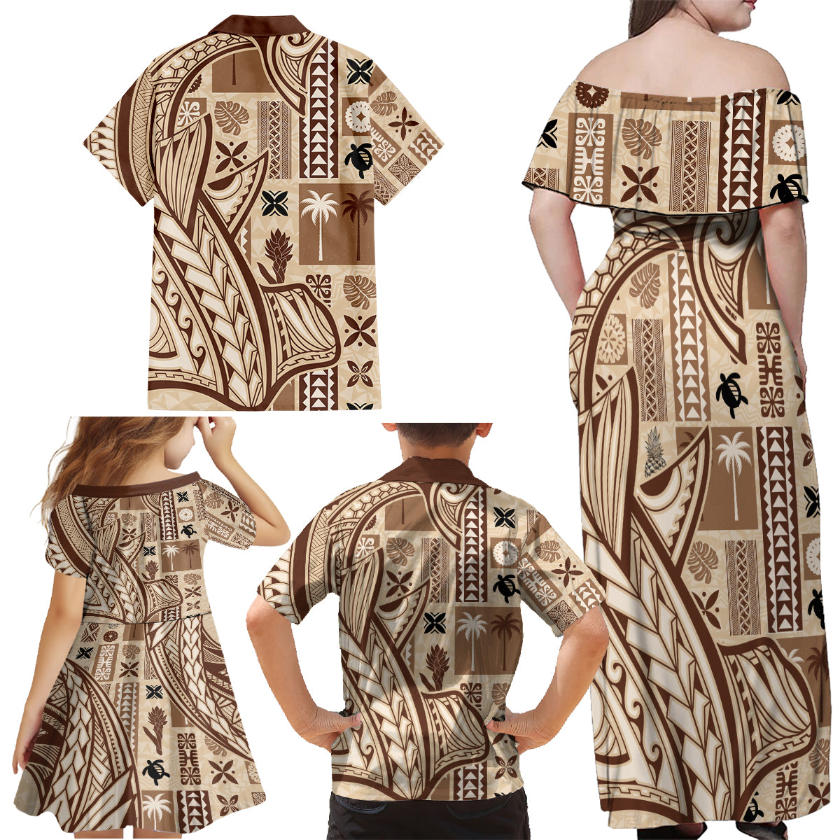 Samoa Tapa Family Matching Off Shoulder Maxi Dress and Hawaiian Shirt Siapo Mix Tatau Patterns LT7 - Wonder Print Shop