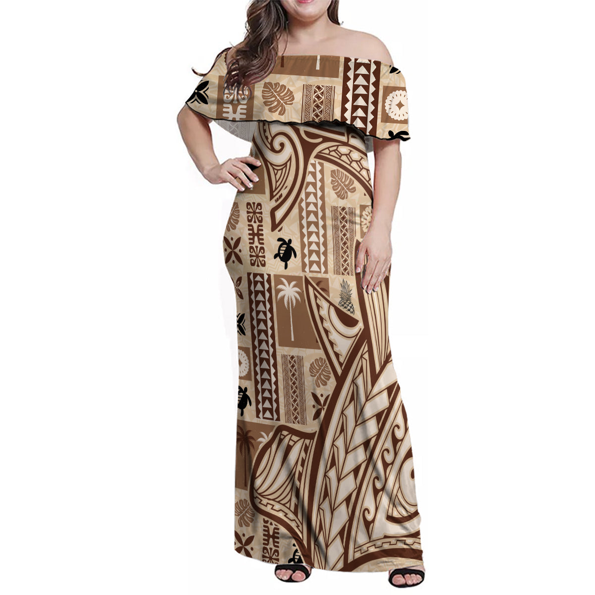 Samoa Tapa Family Matching Off Shoulder Maxi Dress and Hawaiian Shirt Siapo Mix Tatau Patterns LT7 - Wonder Print Shop