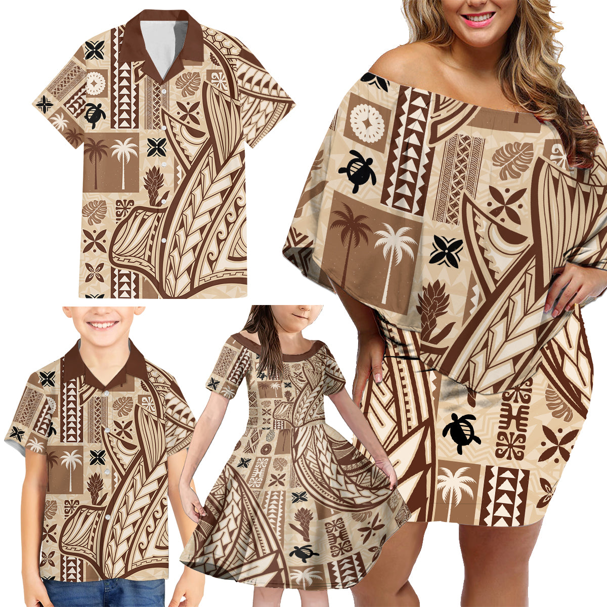 Samoa Tapa Family Matching Off Shoulder Short Dress and Hawaiian Shirt Siapo Mix Tatau Patterns LT7 - Wonder Print Shop
