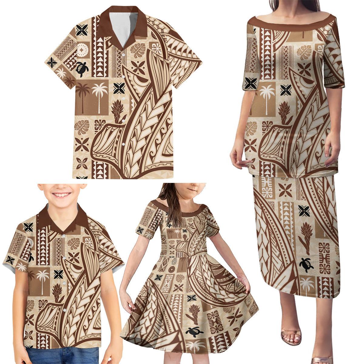 Samoa Tapa Family Matching Puletasi Dress and Hawaiian Shirt Siapo Mix Tatau Patterns - Wonder Print Shop