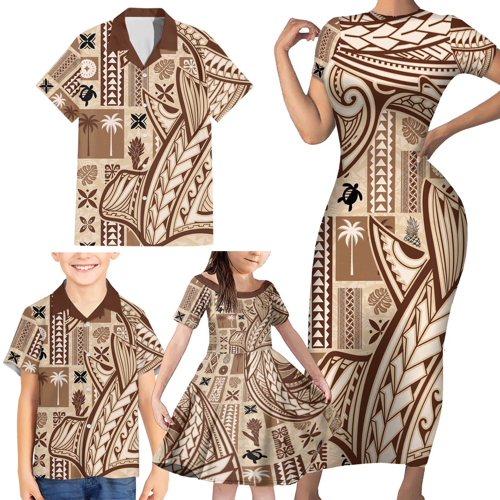 Samoa Tapa Family Matching Short Sleeve Bodycon Dress and Hawaiian Shirt Siapo Mix Tatau Patterns - Wonder Print Shop