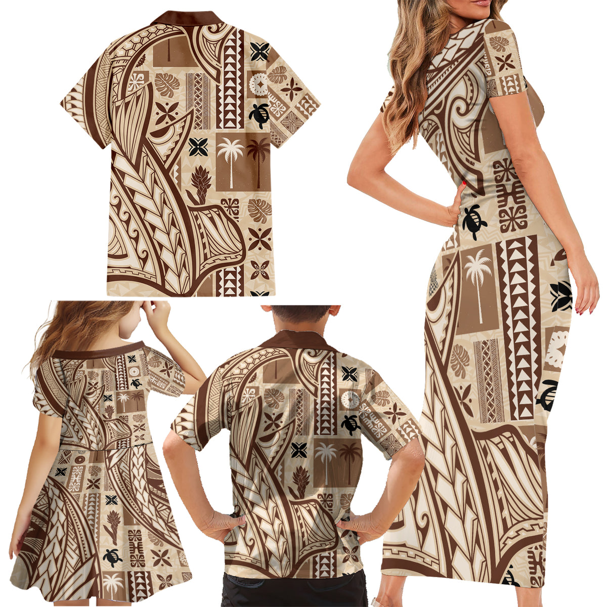 Samoa Tapa Family Matching Short Sleeve Bodycon Dress and Hawaiian Shirt Siapo Mix Tatau Patterns - Wonder Print Shop