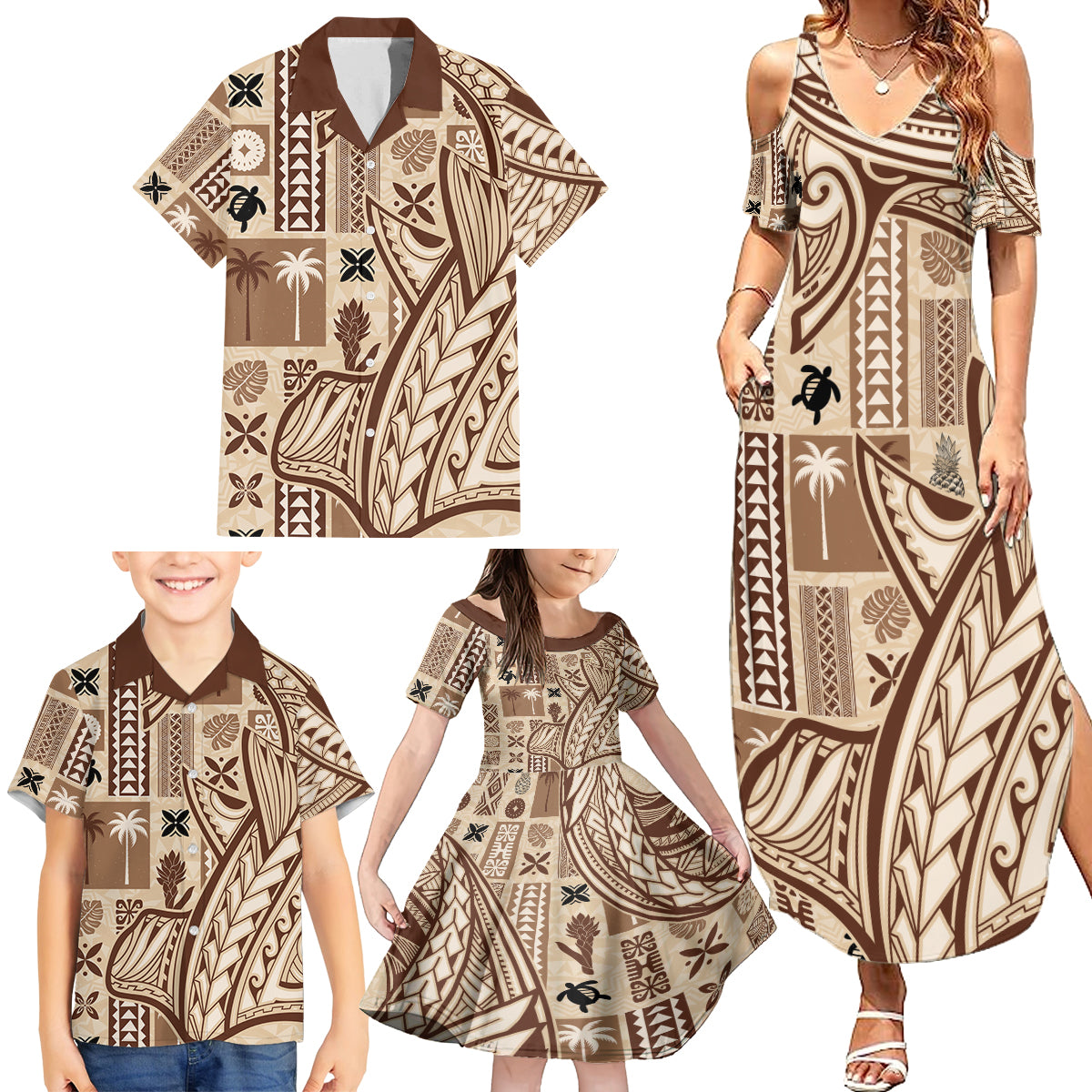 Samoa Tapa Family Matching Summer Maxi Dress and Hawaiian Shirt Siapo Mix Tatau Patterns - Wonder Print Shop