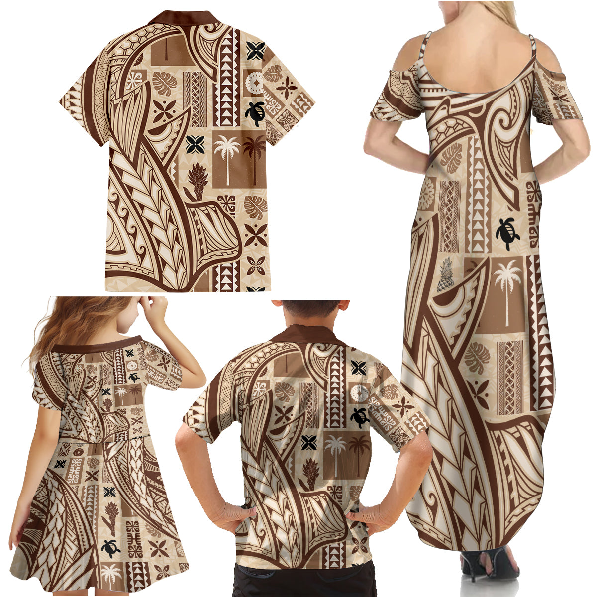 Samoa Tapa Family Matching Summer Maxi Dress and Hawaiian Shirt Siapo Mix Tatau Patterns - Wonder Print Shop