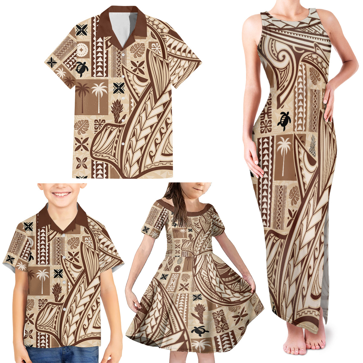 Samoa Tapa Family Matching Tank Maxi Dress and Hawaiian Shirt Siapo Mix Tatau Patterns - Wonder Print Shop