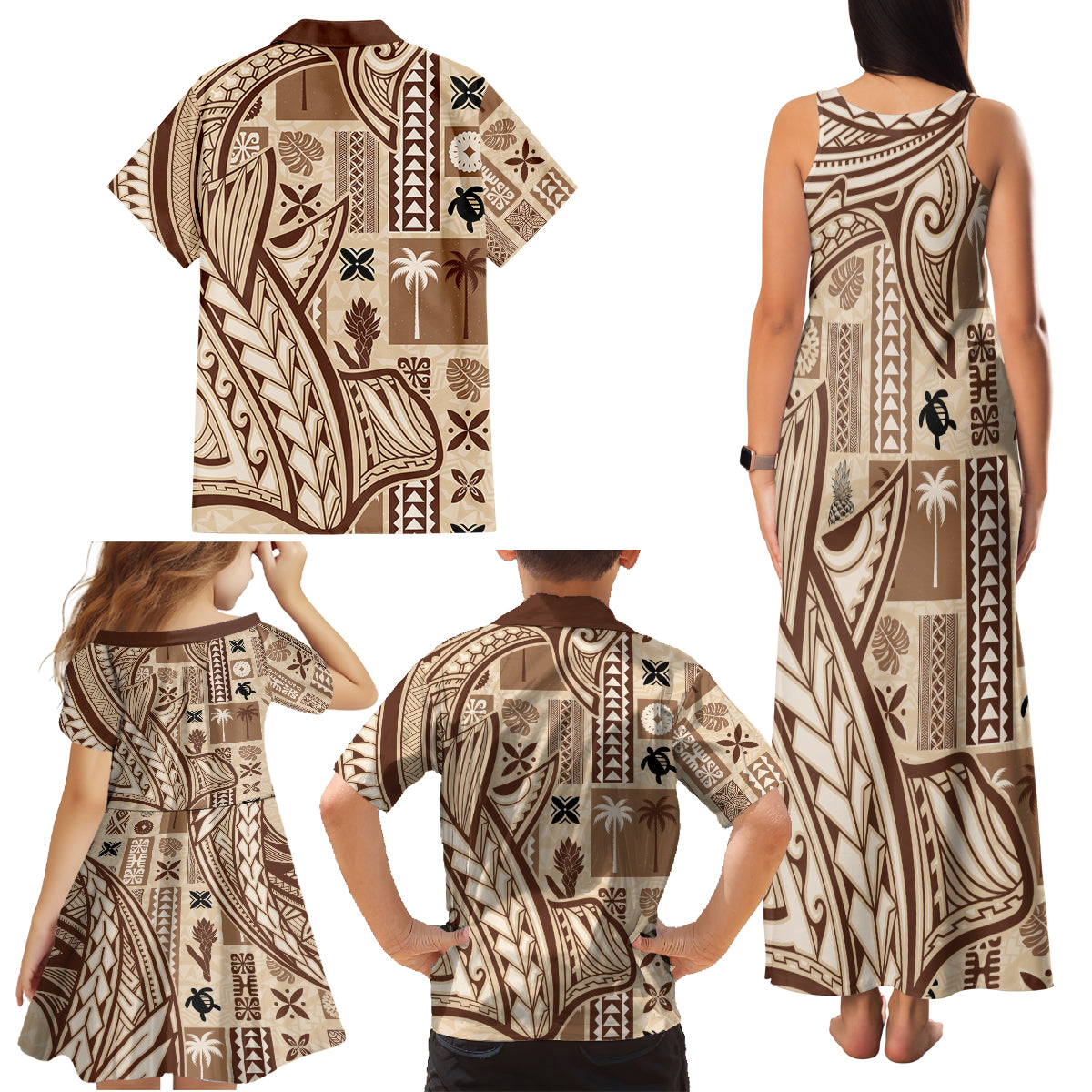 Samoa Tapa Family Matching Tank Maxi Dress and Hawaiian Shirt Siapo Mix Tatau Patterns - Wonder Print Shop