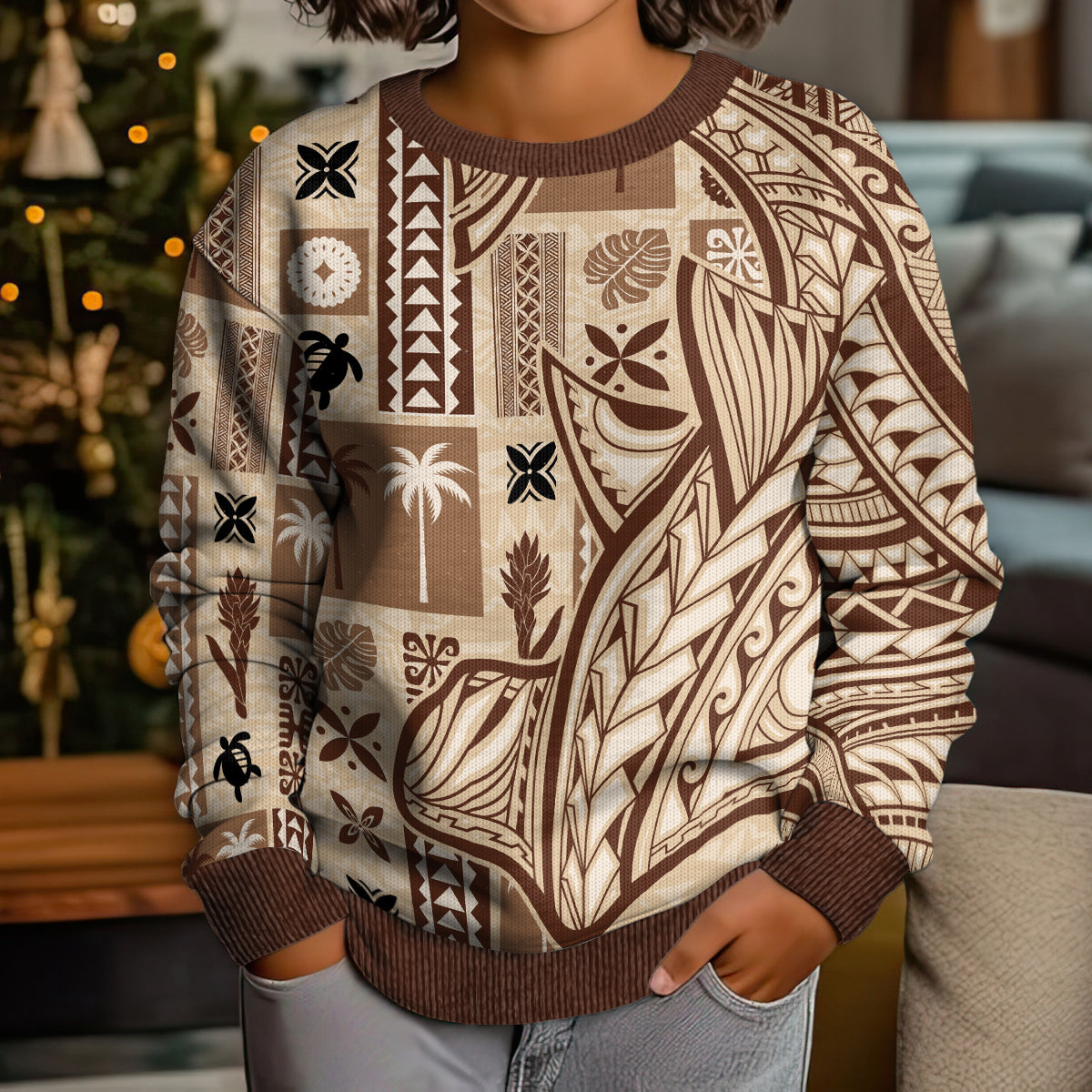 Samoa Tapa Kid Ugly Christmas Sweater Siapo Mix Tatau Patterns - Wonder Print Shop