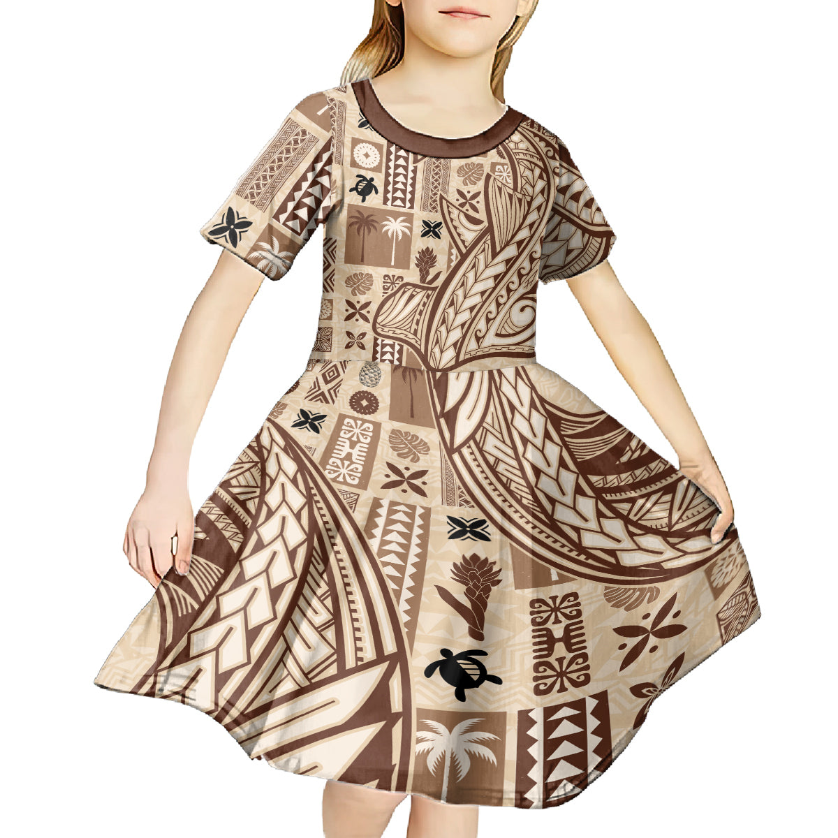 Samoa Tapa Kid Short Sleeve Dress Siapo Mix Tatau Patterns - Wonder Print Shop