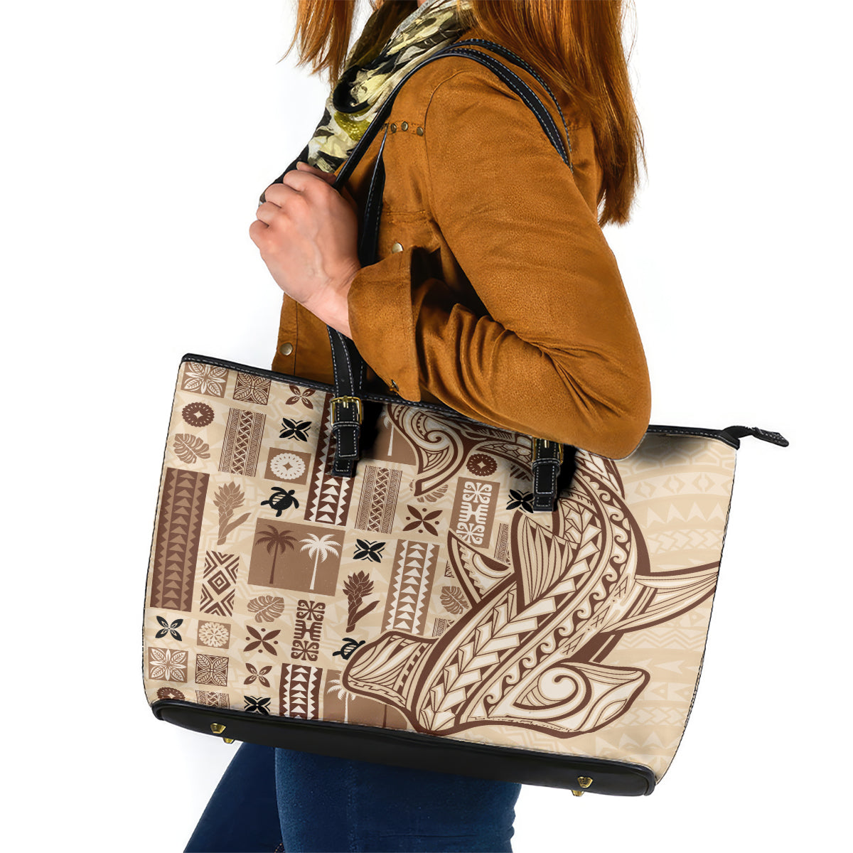 Samoa Tapa Leather Tote Bag Siapo Mix Tatau Patterns - Wonder Print Shop