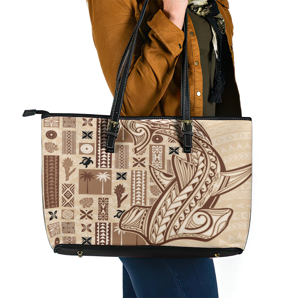 Samoa Tapa Leather Tote Bag Siapo Mix Tatau Patterns - Wonder Print Shop