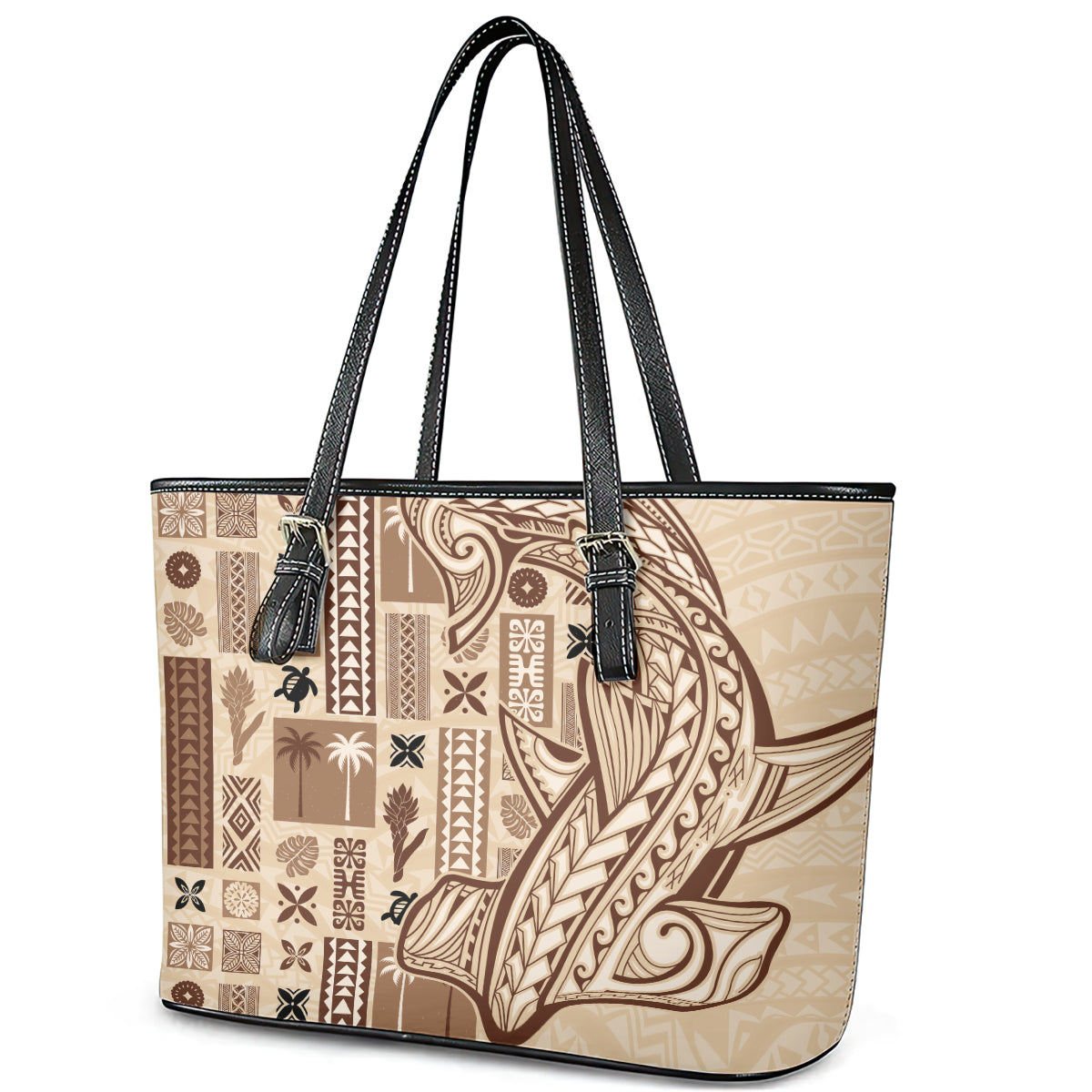 Samoa Tapa Leather Tote Bag Siapo Mix Tatau Patterns - Wonder Print Shop