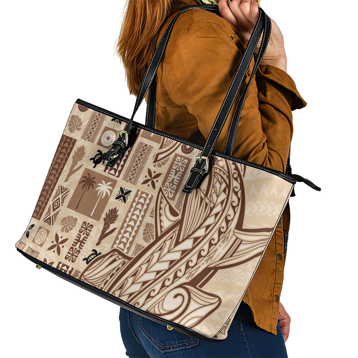 Samoa Tapa Leather Tote Bag Siapo Mix Tatau Patterns - Wonder Print Shop