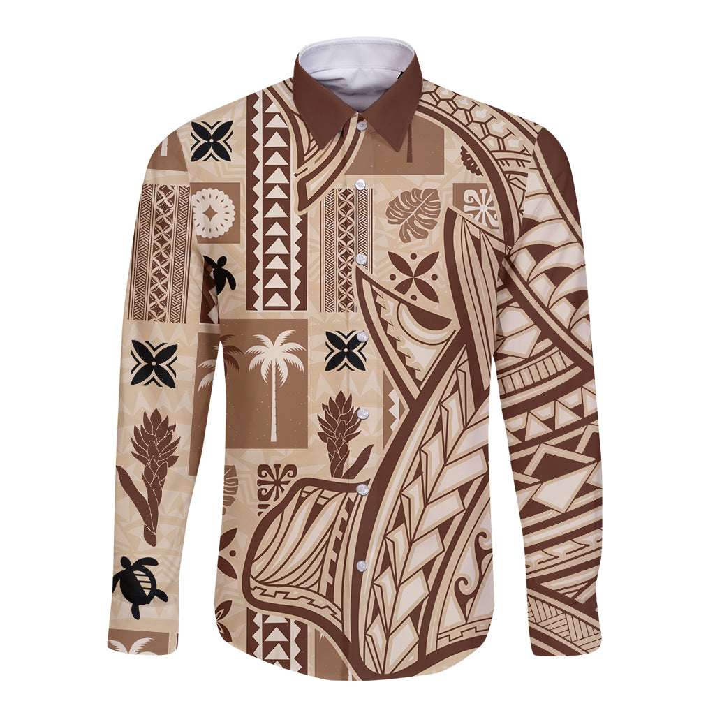 Samoa Tapa Long Sleeve Button Shirt Siapo Mix Tatau Patterns - Wonder Print Shop