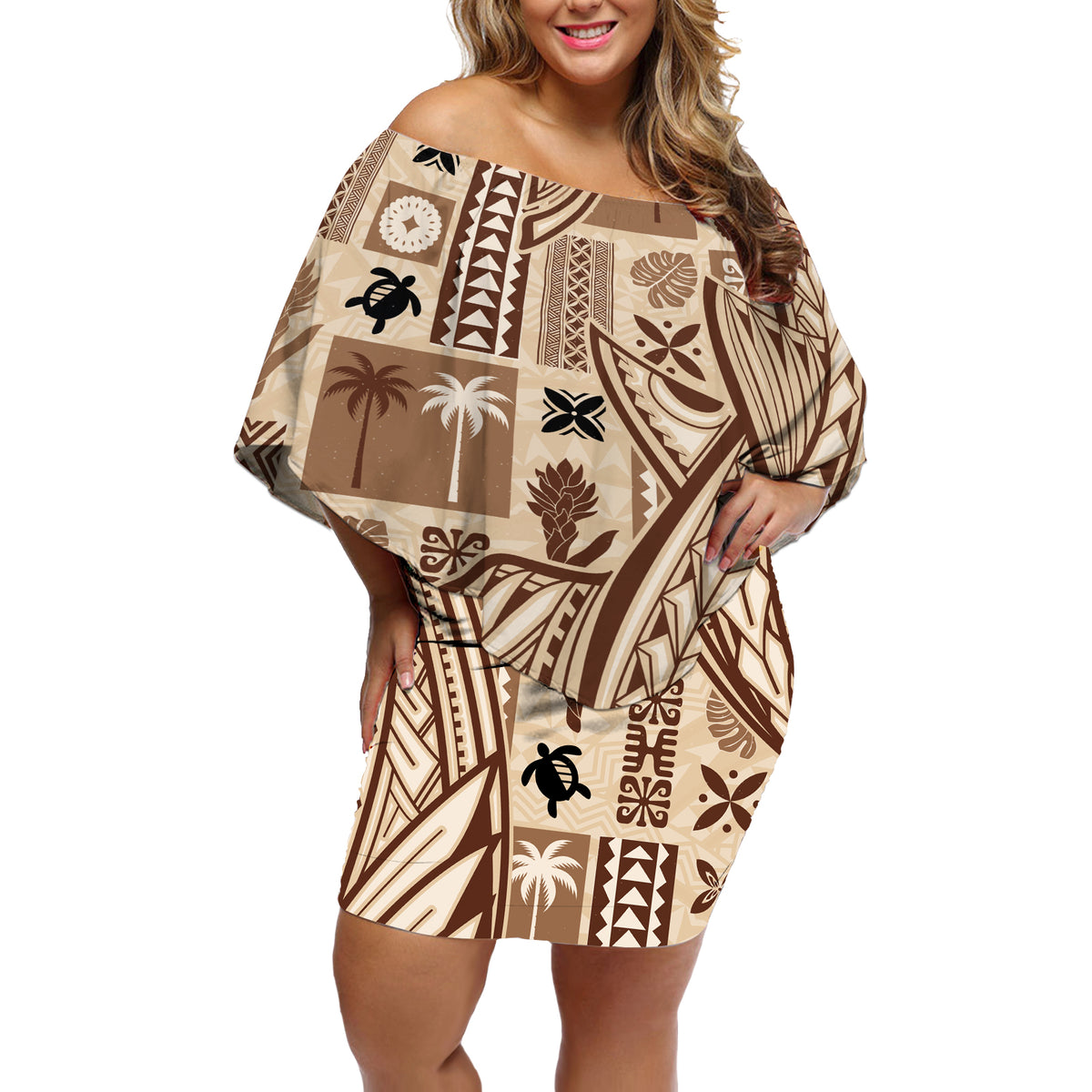 Samoa Tapa Off Shoulder Short Dress Siapo Mix Tatau Patterns - Wonder Print Shop