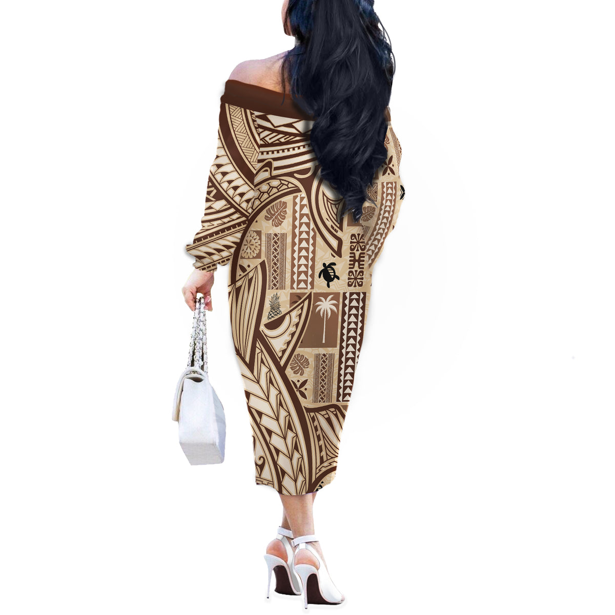 Samoa Tapa Off The Shoulder Long Sleeve Dress Siapo Mix Tatau Patterns - Wonder Print Shop