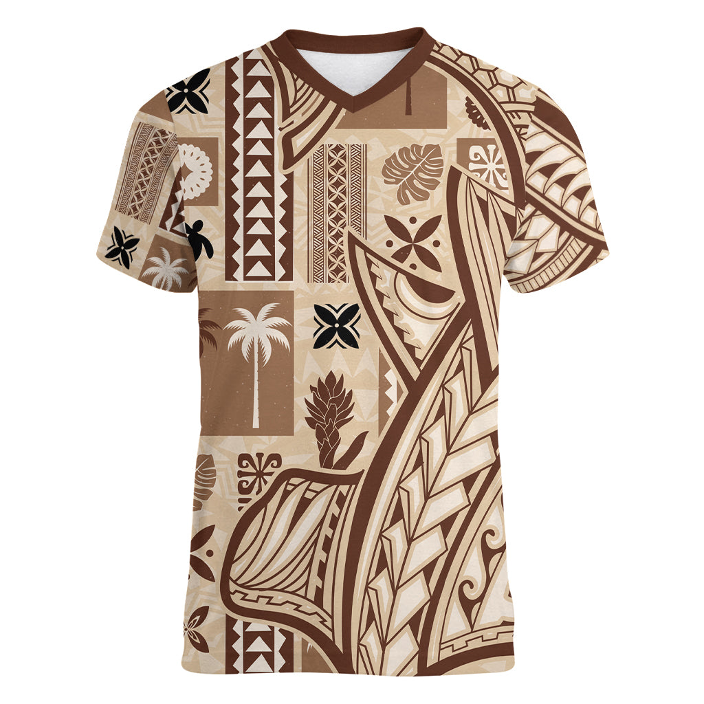 Samoa Tapa Women V Neck T Shirt Siapo Mix Tatau Patterns - Wonder Print Shop