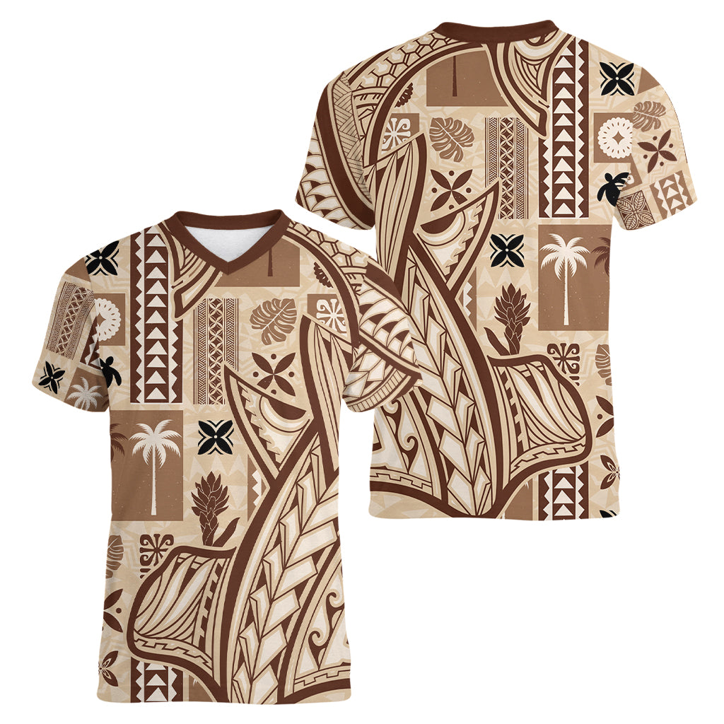 Samoa Tapa Women V Neck T Shirt Siapo Mix Tatau Patterns - Wonder Print Shop