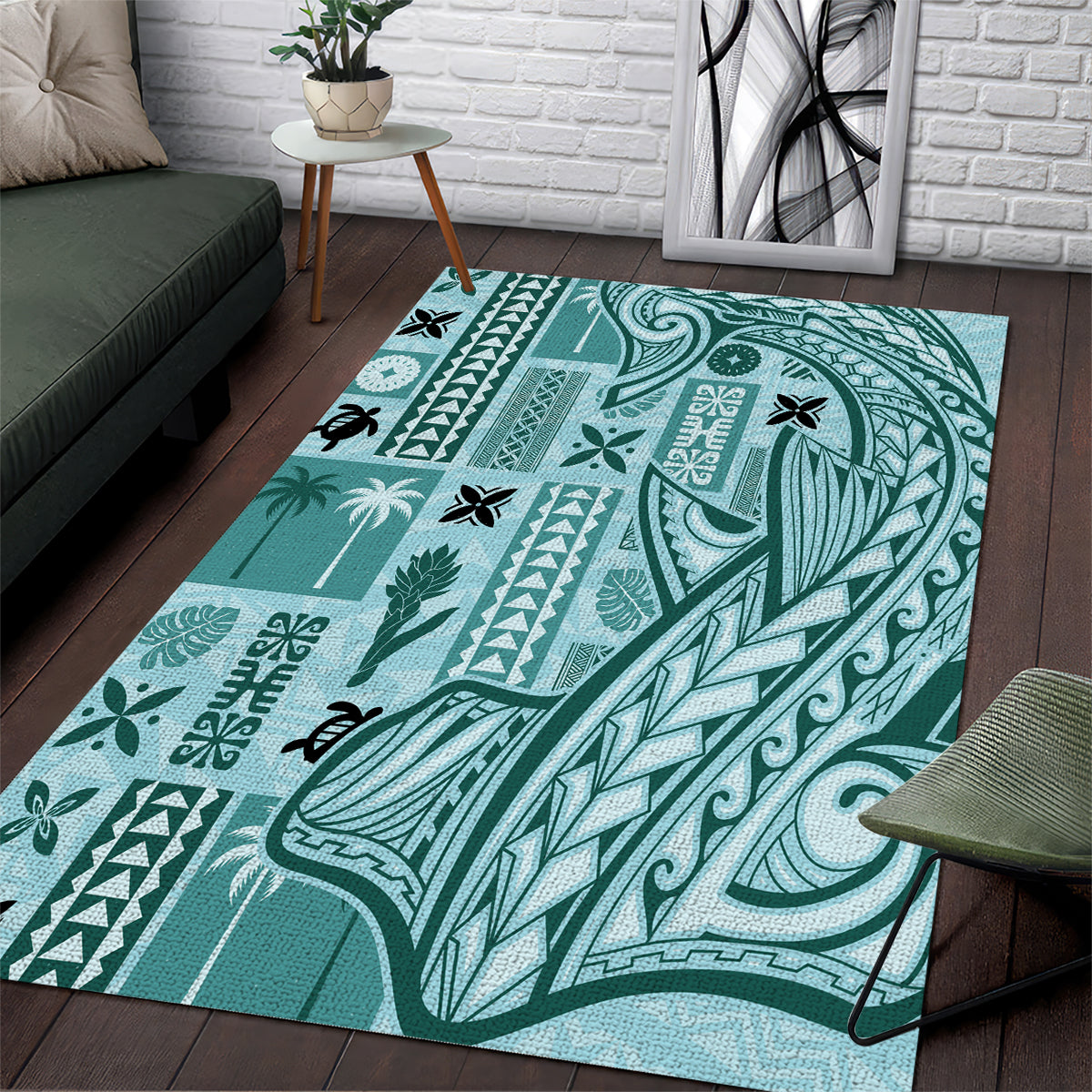 Samoa Tapa Area Rug Siapo Mix Tatau Patterns - Teal LT7 - Wonder Print Shop