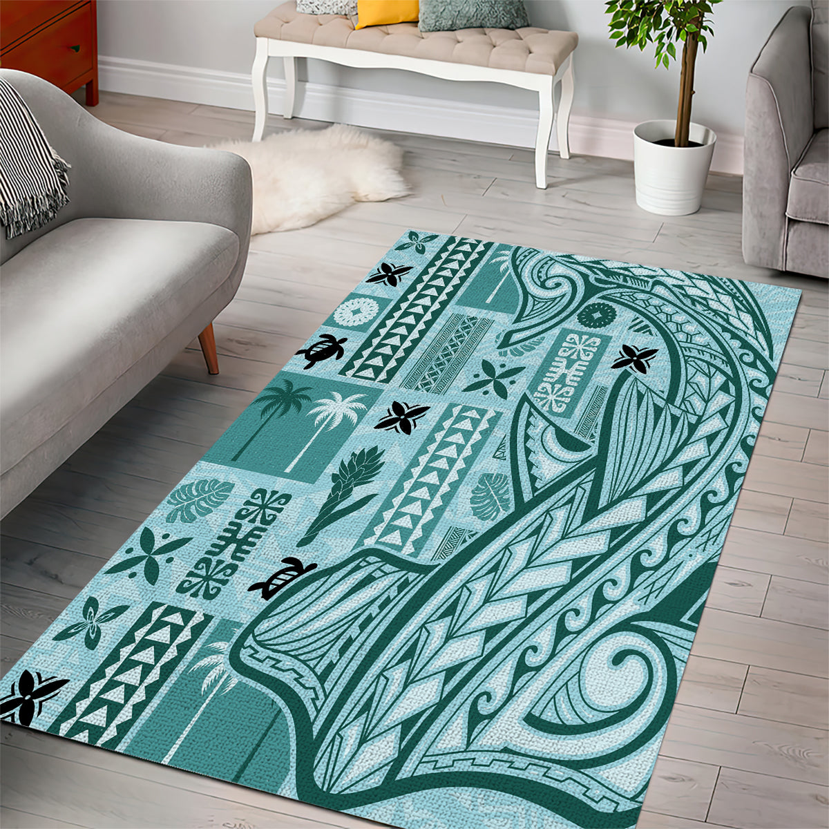 Samoa Tapa Area Rug Siapo Mix Tatau Patterns - Teal LT7 - Wonder Print Shop