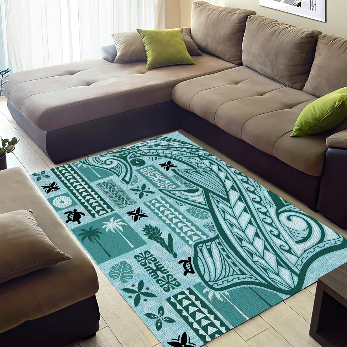 Samoa Tapa Area Rug Siapo Mix Tatau Patterns - Teal LT7 - Wonder Print Shop