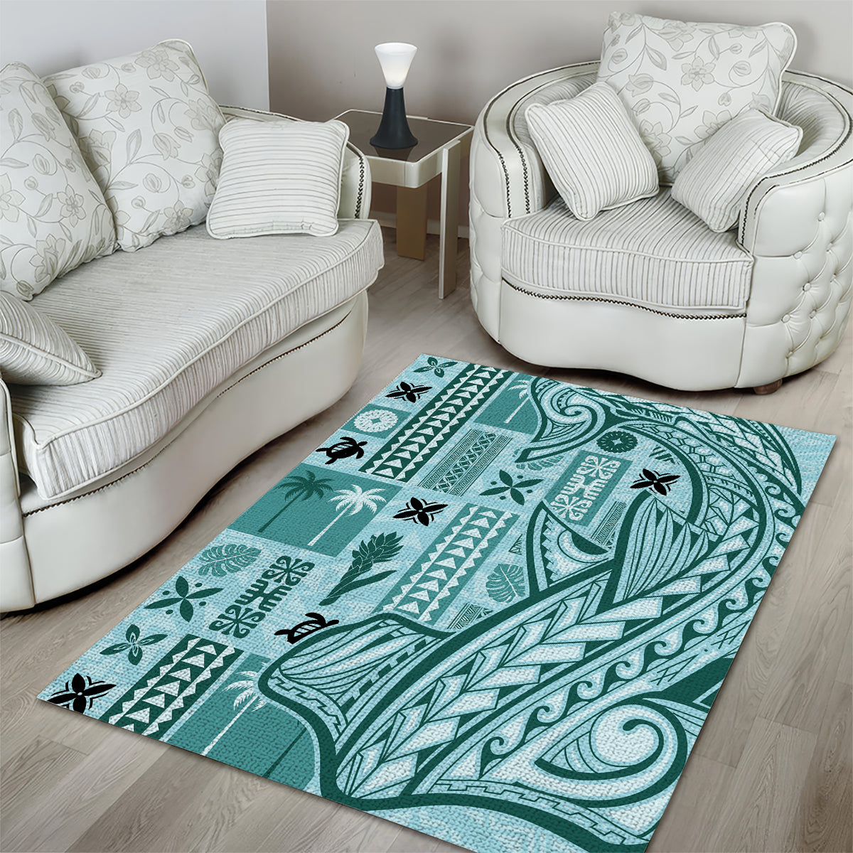 Samoa Tapa Area Rug Siapo Mix Tatau Patterns - Teal LT7 - Wonder Print Shop