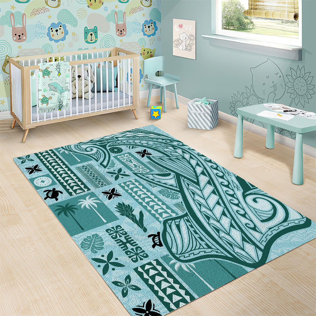 Samoa Tapa Area Rug Siapo Mix Tatau Patterns - Teal LT7 - Wonder Print Shop