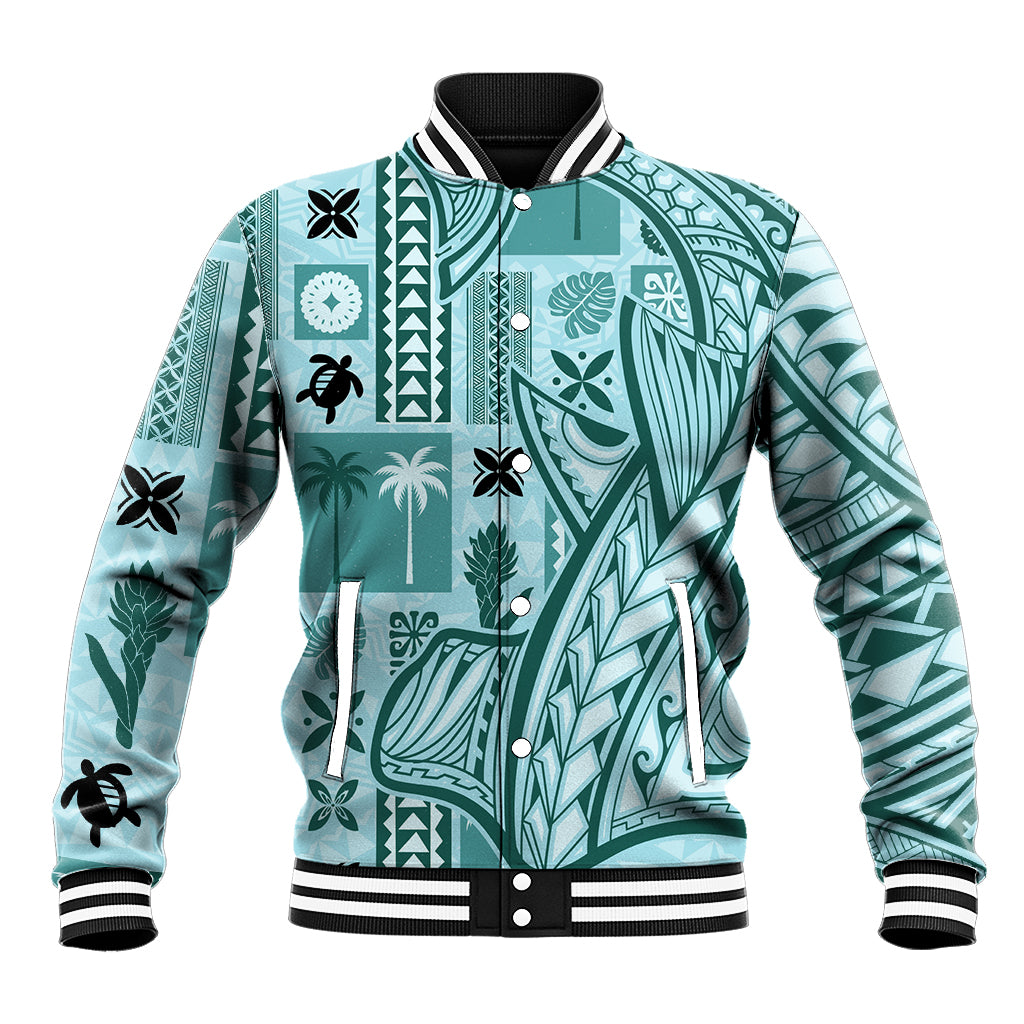 Samoa Tapa Baseball Jacket Siapo Mix Tatau Patterns - Teal LT7 - Wonder Print Shop