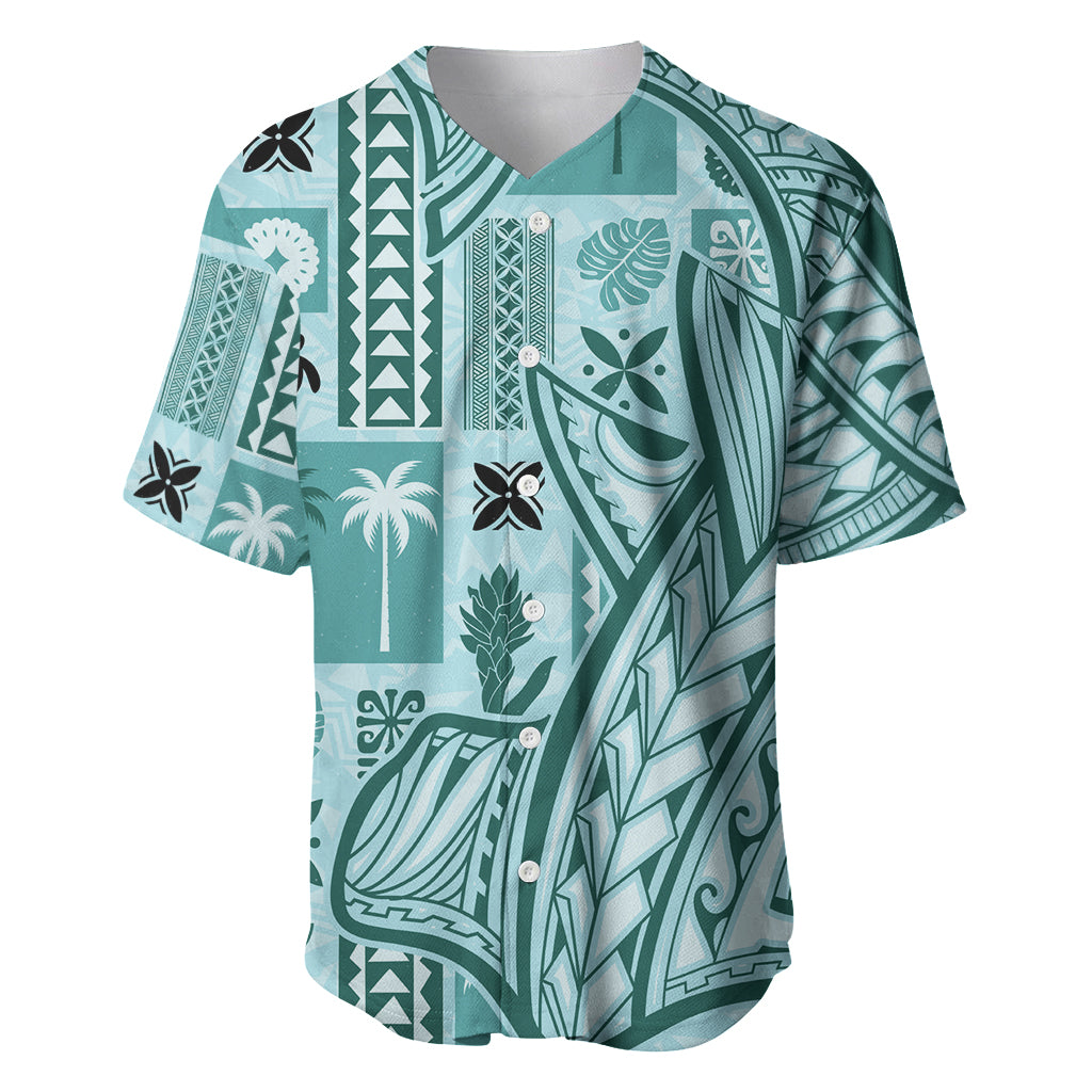 Samoa Tapa Baseball Jersey Siapo Mix Tatau Patterns - Teal LT7 - Wonder Print Shop