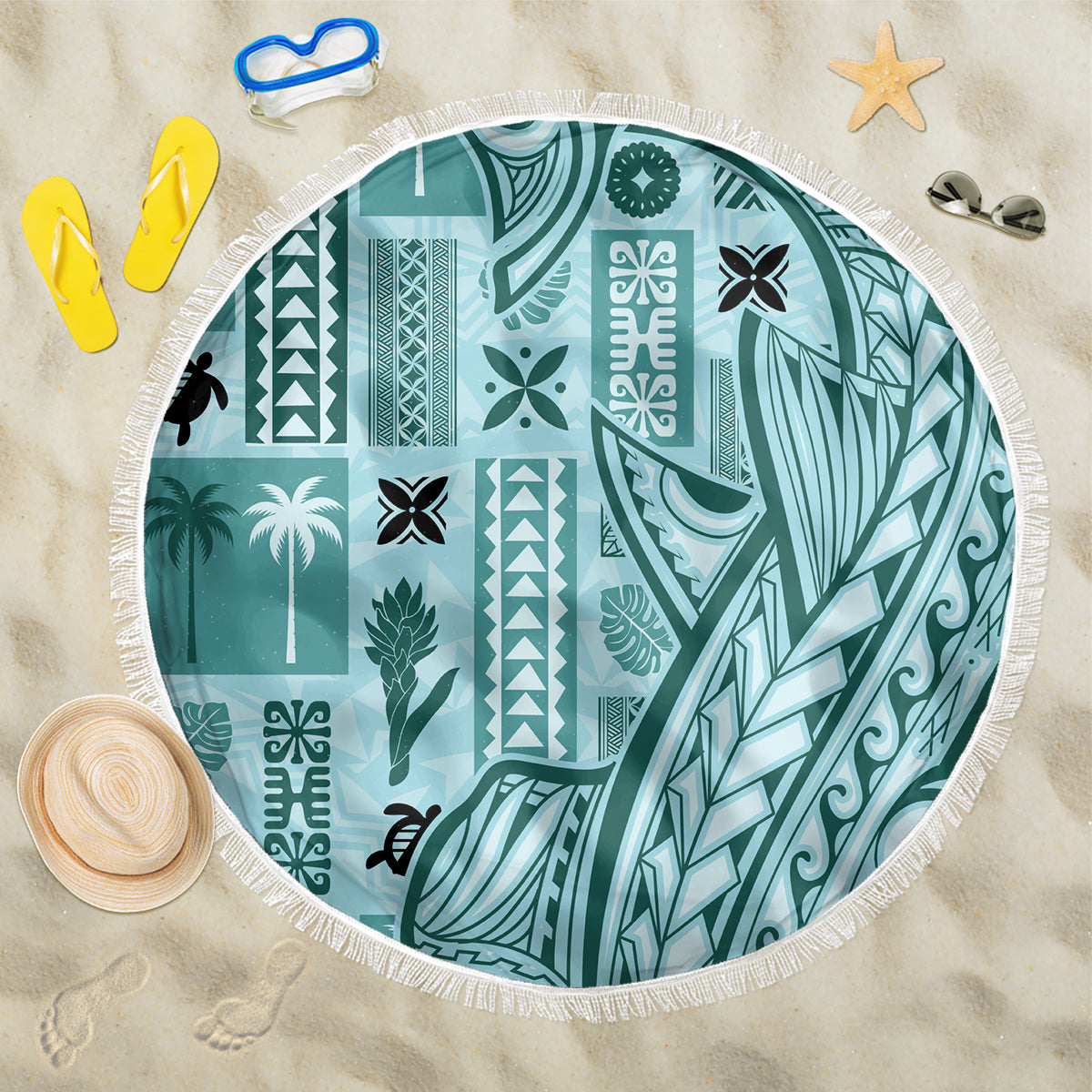 Samoa Tapa Beach Blanket Siapo Mix Tatau Patterns - Teal LT7 - Wonder Print Shop