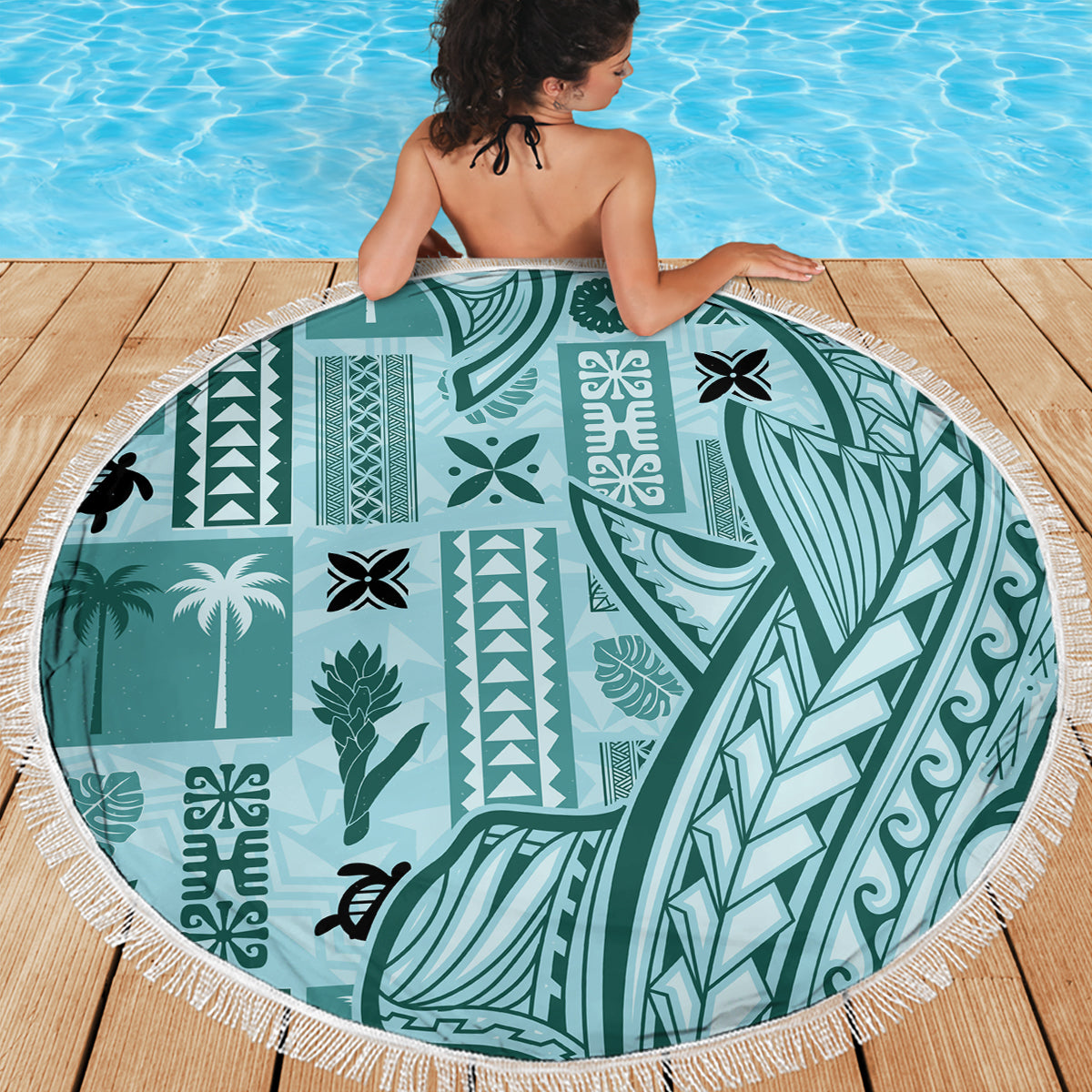 Samoa Tapa Beach Blanket Siapo Mix Tatau Patterns - Teal LT7 - Wonder Print Shop