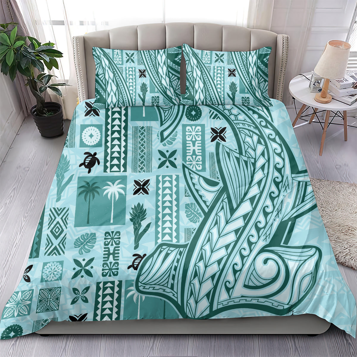 Samoa Tapa Bedding Set Siapo Mix Tatau Patterns - Teal LT7 - Wonder Print Shop