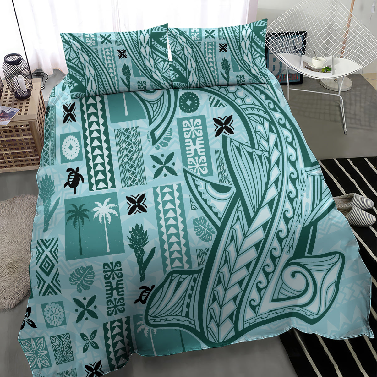 Samoa Tapa Bedding Set Siapo Mix Tatau Patterns - Teal LT7 - Wonder Print Shop